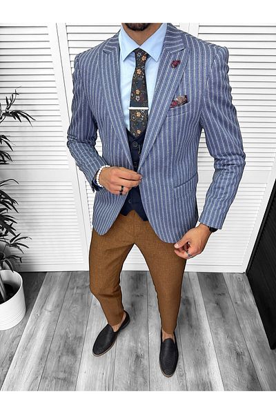 dehaine Sacou pentru barbati, slim fit, in dungi, 3131, albastru