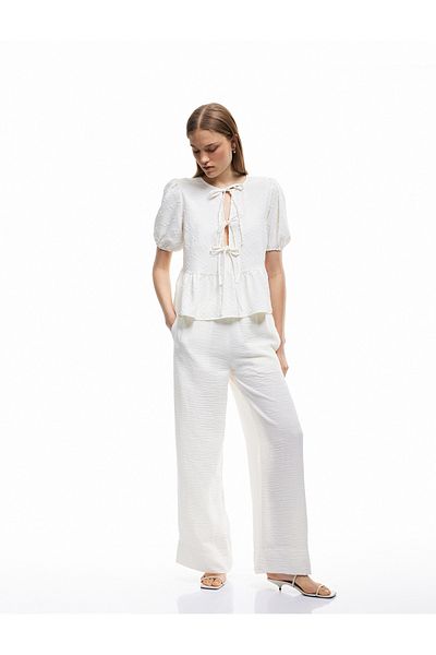 Koton Textured Short Balloon Sleeve Bow Front Lace up Blouse