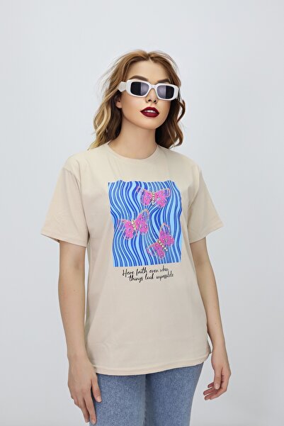 CMC Ποδηλατικό μπλουζάκι από χτενισμένο βαμβάκι με πέτρες και στάμπα, μπλουζάκι με λαιμόκοψη