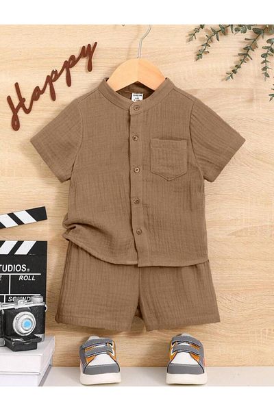 Bubito Stylish Cotton 2-Piece Summer Shorts Set with Muslin Pockets - Brown