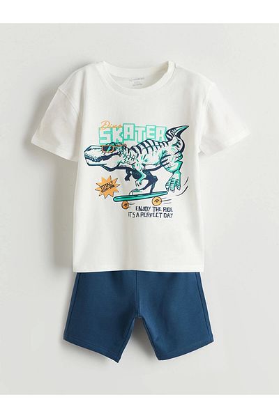 LC Waikiki Lcw Kids Ecru Dinosaur Printed Boys' T-Shirt and Shorts Pack of 2
