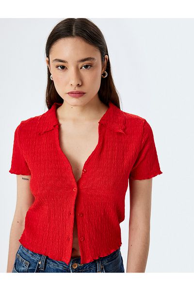 Koton New Season Buttoned Shirt Collar Textured Short Sleeve Blouse Wrap