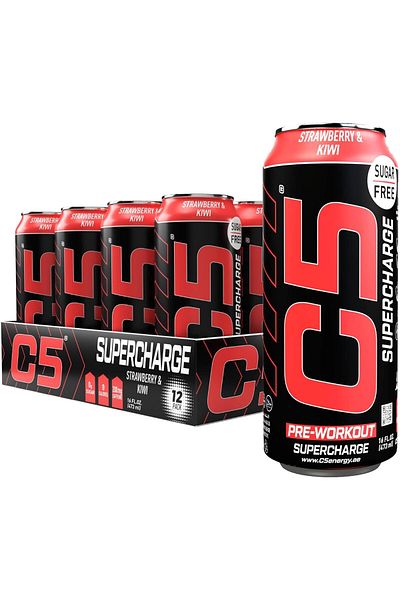 C5 Energy Drink Supercharge Strawberry & Kiwi Pre-Workout, 200mg Caffeine, Sugar Free, (Box of 12)