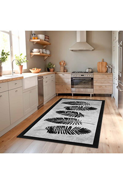 Realhomes Siyah Yaprak Desenli Modern Mutfak Halısı – Kaymaz Tabanlı ve Yıkan...