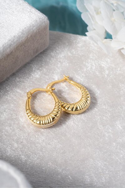 Nereze 925 Ayar Gümüş Gold Rengi Çizgili Oval Tasarım Şarnel Küpe