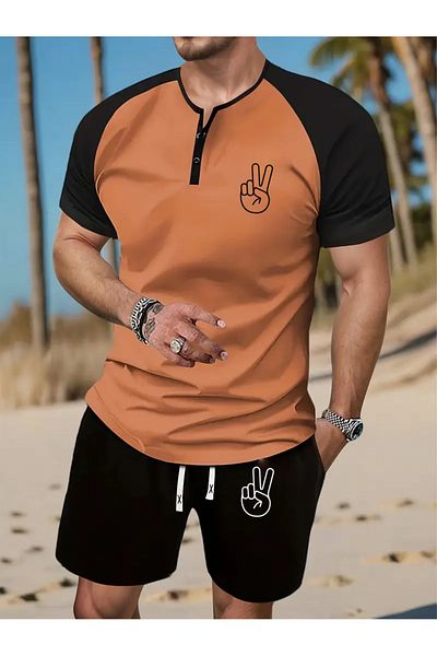 aynewmoda Casual summer suit for men with a simple print, short sleeves and shorts