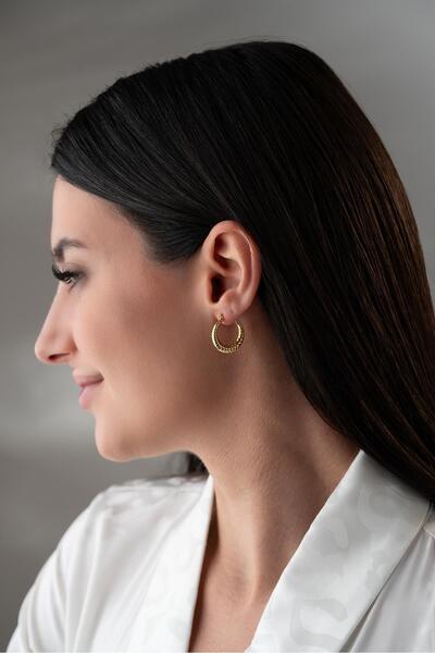 Nereze 925 Ayar Gümüş Gold Rengi Çizgili Model 20 mm Şarnel Küpe