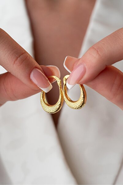 Nereze 925 Ayar Gümüş Gold Rengi Noktalı U Şekil Tasarım Şarnel Küpe