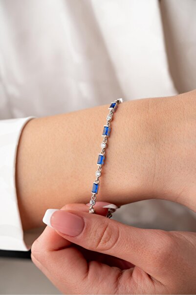 Nereze 925 Ayar Gümüş Rodyumlu Sıralı Mavi Taşlı Baget Model Bileklik