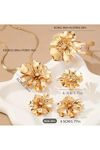 SE Jewellery Collection Selin Ersoy Altın Renk Çiçek Figürlü Takı Seti – Kolye, Küpe, Yüzük ve Bileklik 4'lü Kombin