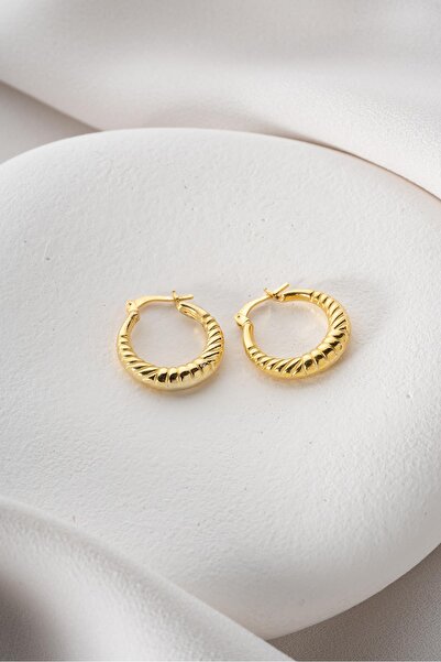 Nereze 925 Ayar Gümüş Gold Rengi Çizgili Model 20 mm Şarnel Küpe