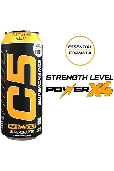 C5 Energy Drink Supercharge Passion Fruit Mango Pre Workout Sugar Free, (Box of 12)
