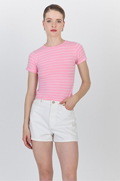 Rays Tricou crop din bumbac cu dungi roz 4014