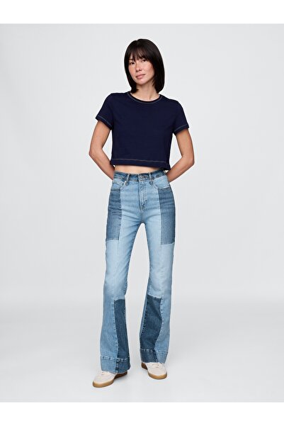 GAP Kadın Mavi High Rise Patchwork '70s Flare Jean Pantolon