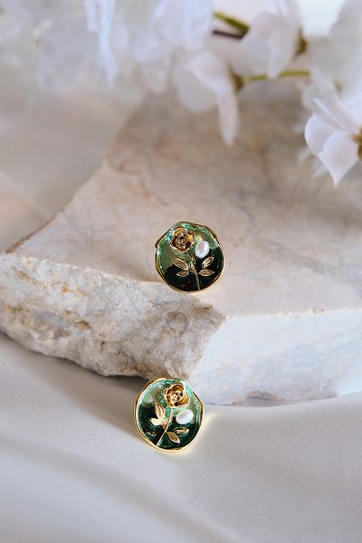 AURRARİ Viola Gold Green Khaki Pearlescent Pearl Drop Earrings