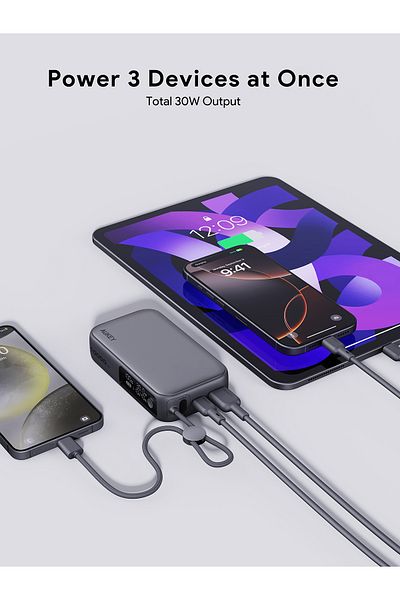 AUKEY 10,000mAh, 30W PD, Compact Fast Charging Power Bank with Built-in USB-C Cable, Gray.