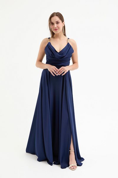 Lafaba Women's Navy Blue Long Evening Dress with Gold Accessories