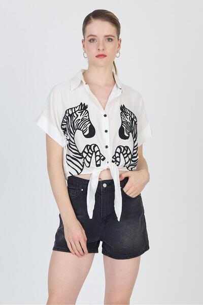 Rays Cămașă albă cu broderie și imprimeu zebră, cu legături, model 2257