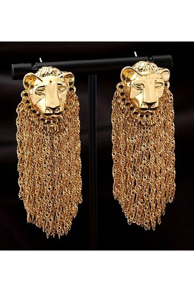 sarıyer silver Lion Head Model Tassel Chain Dangle Yellow Color Coated Stylish Style Steel Earrings
