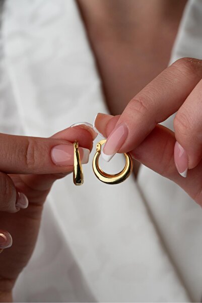 Nereze 925 Ayar Gümüş Gold Rengi Sade 15 mm Şarnel Küpe