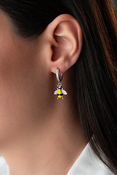 Nereze 925 Ayar Gümüş Rodyumlu Sallantılı 15 mm Halka Arı Model Küpe