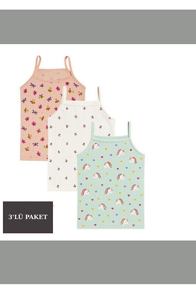 NURDAĞI Girl's Strap Undershirt - Printed with Report - Pack of 3 (Ages 4-12)
