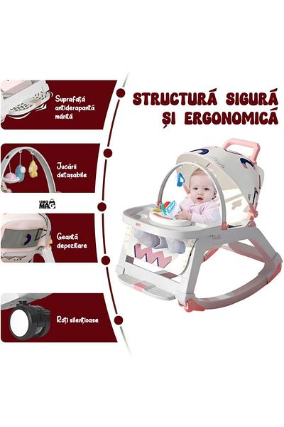 Linomag ® 5-in-1 Rocking Chair, High Chair, Stroller, Table, Toys, 0–36m, Foldable, Pink