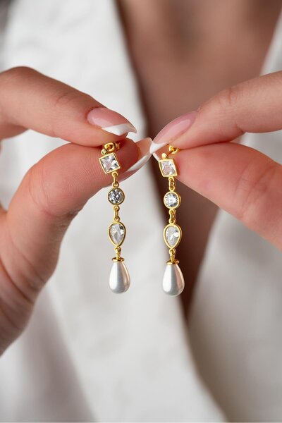 Nereze 925 Ayar Gümüş Gold İnci Detaylı Sallantılı 3 Element Küpe