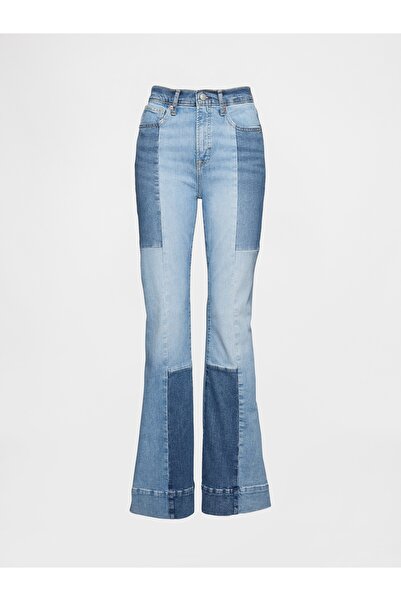 GAP Kadın Mavi High Rise Patchwork '70s Flare Jean Pantolon