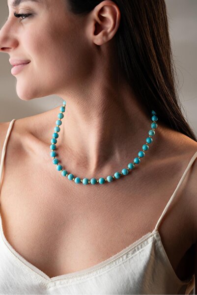 Nereze 925 Ayar Gümüş Gold Dorika Detaylı Toplu 8 mm Doğal Firuze Taşlı Kolye