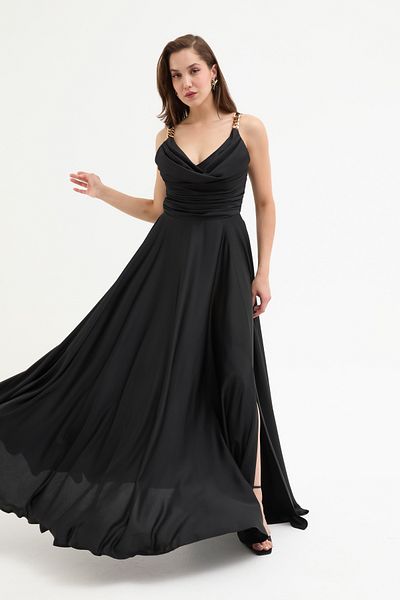 Lafaba Women's Black Gold Accessory Long Evening Dress