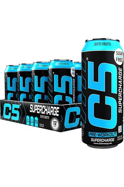 C5 Energy Drink Supercharge, Tutti Frutti Pre-Workout, 150mg Caffeine, Sugar Free, (Box of 12)