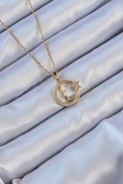 Skygo 316L Steel Chain Gold Color Zircon Stone with Crescent and Star Icon Ataturk Necklace - Tj-Bko9117
