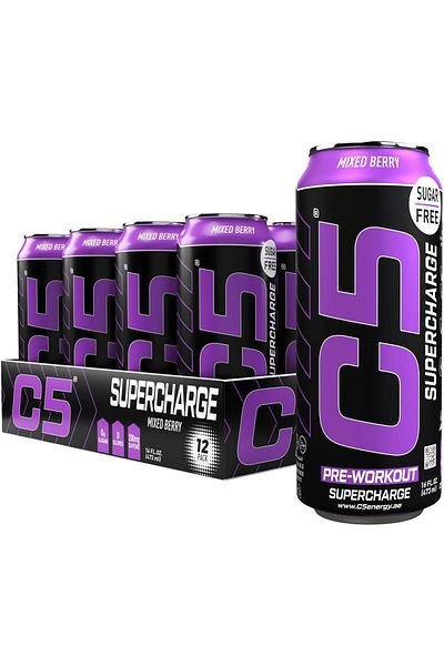 C5 Energy Drink Supercharge Mixed Berry Pre Workout,150mg Caffeine, Sugar Free, (Box of 12)