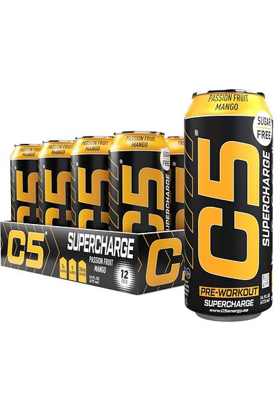 C5 Energy Drink Supercharge Passion Fruit Mango Pre Workout Sugar Free, (Box of 12)