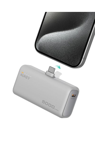 AUKEY 20W PD، 5,000mAh, Portable Power Bank with Built-in foldable USB-C Port, White.