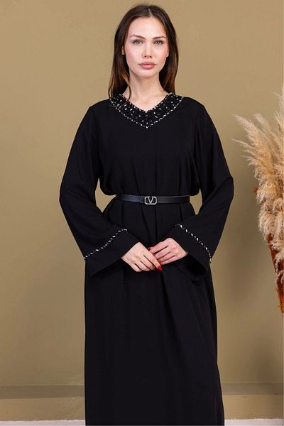 lodmela Casual Form Dress with Collar and Sleeve Embroidery Detail 1015-Black