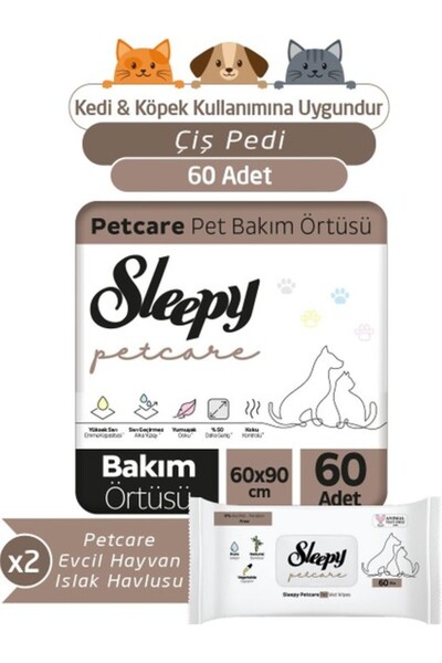 Sleepy Petcare 2X30 Adet Pet Bakım Örtüsü + 2X60 Evcil Hayvan Islak Havlusu