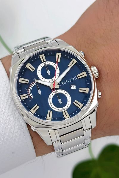 Ferrucci Men's Wristwatch with Calendar - Zmfer181 |   Steel Case & Steel Cord |   Silver-Blue