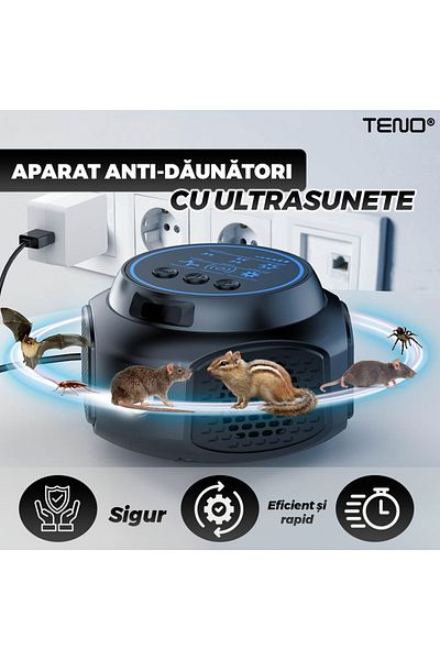 Teno Aparat cu Ultrasunete Anti-Daunatori Teno®, anti rozatoare, raza 320 mp, negru