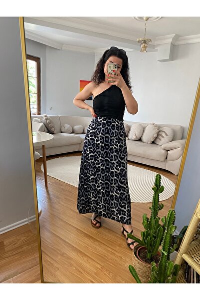 ronox Women's Elastic Waist Viscose Fabric Leopard Print Maxi Length Skirt