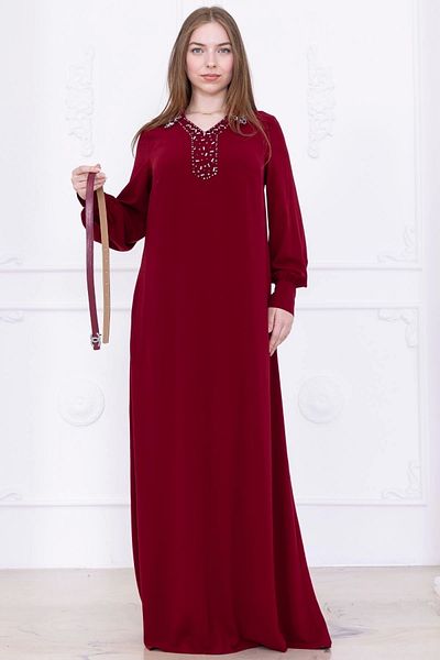 lodmela Lapel Embroidery Detailed Belted Comfortable Form Dress 1016-Burgundy