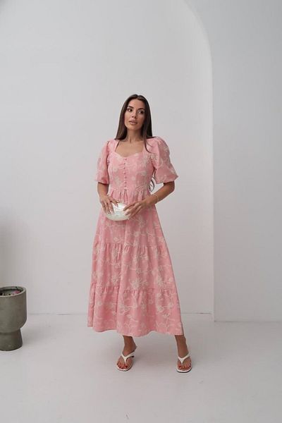 MRA Fashion Pink Ornamental Button Balloon Sleeve Dress