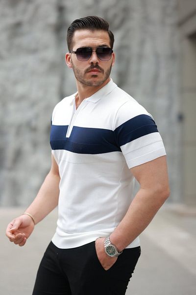 modaserdem Men's zipper collar stripe color pattern short sleeve t-shirt