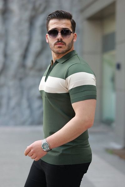 modaserdem Men's zipper collar stripe color pattern short sleeve t-shirt