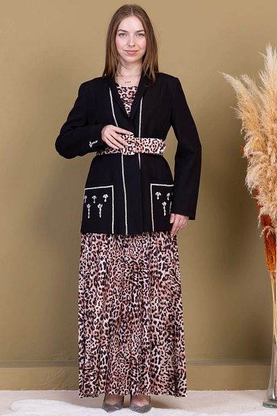 lodmela Leopard Patterned Jacket Triple Suit 4715-Black