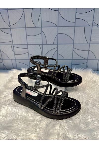 Anıl Ayakkabı Castle 35250 Platinum Stone Tape Detail Cross Style Orthopedic Sandal Shoes with Elastic Back