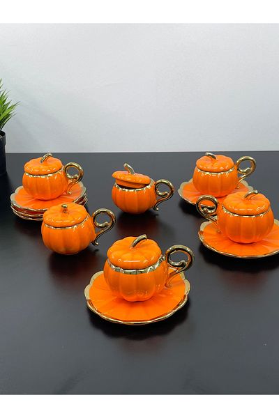YzHome 6-Person Porcelain Orange Gold Gilded Lid Pumpkin Coffee Cup Set 100ml