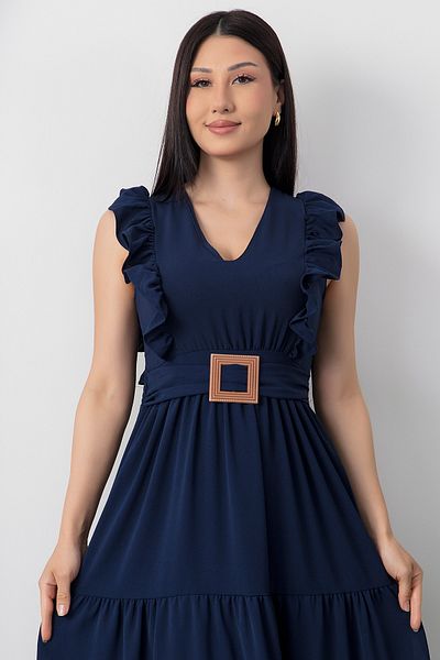 PULLIMM V-Neck Buckle Belt Dress Dks1296