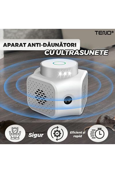Teno Aparat cu Ultrasunete Anti-Daunatori Teno®, anti rozatoare, soareci/sobolani, raza 120 mp, alb